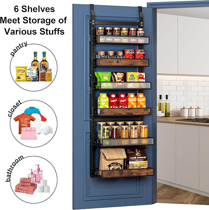 6 Tier Pantry Door Organizer Spice Rack, 2-IN-1 Wall Mount or Hanging Over Door Seasoning Organizer with Adjustable Baskets, Heavy Duty Behind Door Storage Shelves for Pantry, Cabinet and Kitchen