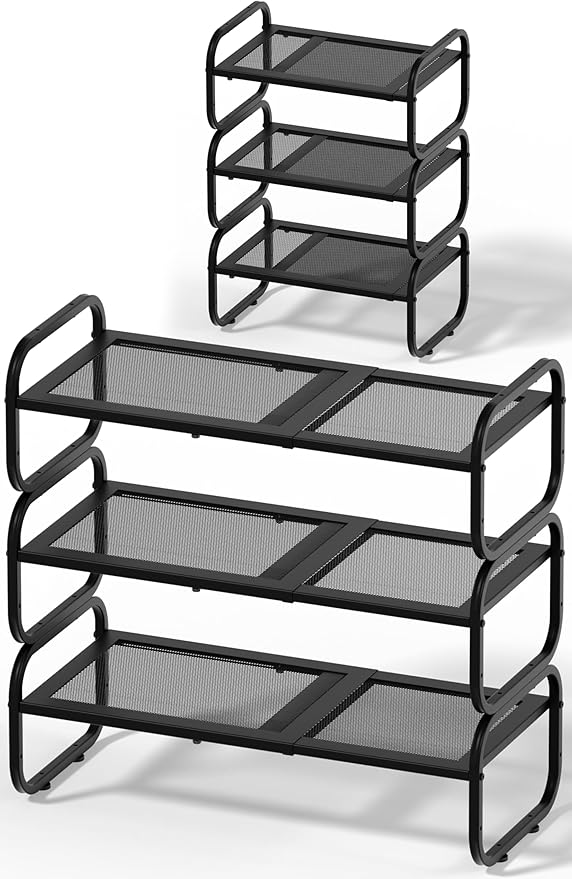 3 Tier Shoe Rack - Expandable Shoe Organizer for Closet, Adjustable Metal Shoe Shelf Storage, Stackable Long Shoe Stand Holder for Garage, Entryway, Door Entrance