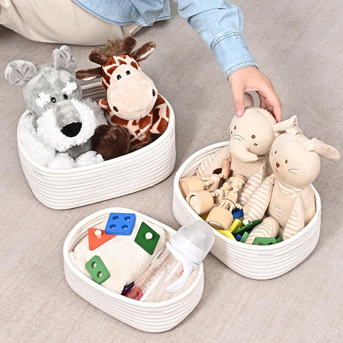 Storage Baskets for Organizing, Small Woven Basket Set of 4 - Cotton Rope Baskets for Shelves, Organizer Baskets are Ideal for Nursery, Bedroom, as Gift Basket Empty for Baby Shower, Festival