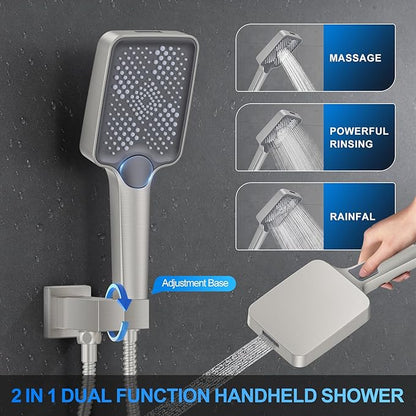 Shower Faucet Set, 12" Ceiling Mount Rainfall Shower System with 2 Rain Shower Head and Multi-function Handheld Head Push Button Diverter Shower Faucet Trim Kit (12", Brushed Nickel)