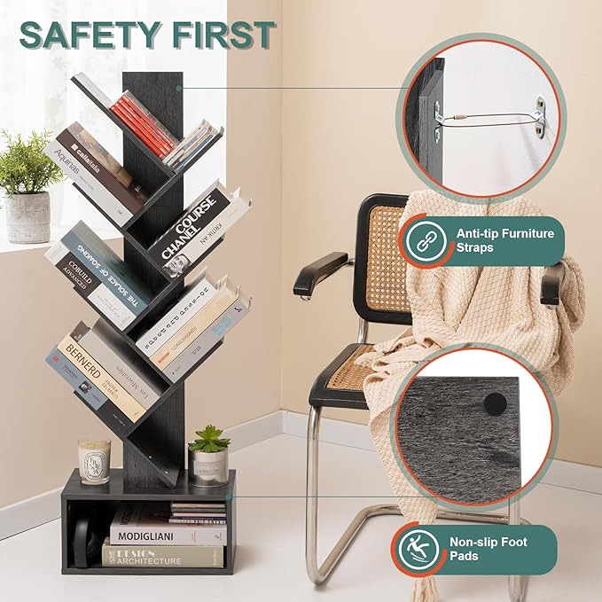 Yoobure Tree Bookshelf - 6 Shelf Retro Floor Standing Bookcase, Tall Wood Book Storage Rack for CDs/Movies, Utility Book Organizer Shelves for Bedroom, Living Room, Home Office, Dark Grey