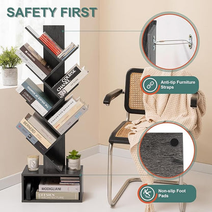 Yoobure Tree Bookshelf - 6 Shelf Retro Floor Standing Bookcase, Tall Wood Book Storage Rack for CDs/Movies, Utility Book Organizer Shelves for Bedroom, Living Room, Home Office, Dark Grey