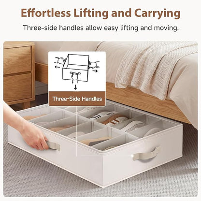 StorageWorks Underbed Shoe Storage Organizer for Closet, 2-Pack Fabric Under Bed Shoe Organizer with Adjustable Dividers, Fits up to 24 Pairs, Beige(Cottlyn Fabric)