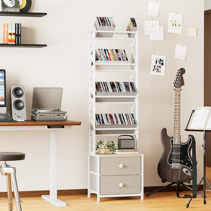 CD Storage Rack with Drawers, 5-Tier Media Organizer DVD Storage Shelf, Large Capacity for CD/DVD, Books & Games, Ideal for Living Room & Home Office, 15.7×11.8×58.7Inches