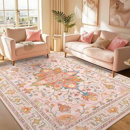 RELEANY Area Rugs 5'x7' Washable Non-Slip, Floral Vintage Distress Medallion Carpet for Living Room Bedroom Dining Room, Light Pink Colorful