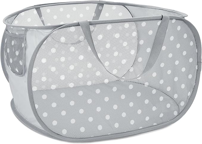 Sturdy Collapsible Laundry Baskets with Side Pockets, Mesh Pop Up Laundry Hamper, Foldable Clothes Storage Hamper with Reinforced Carry Handles for Home, Dorm, Travel -Polka Dot Print, Gray