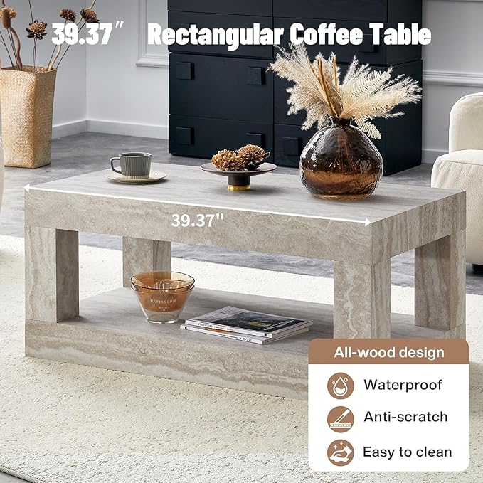 LKTART 39.37" Coffee Table with Storage, 2-Tier Mid Century Rectangular Accent Table with Thick Tabletop, Rustic Style Cocktail, Center Table for Living Room, Office, Apartment (Beige)