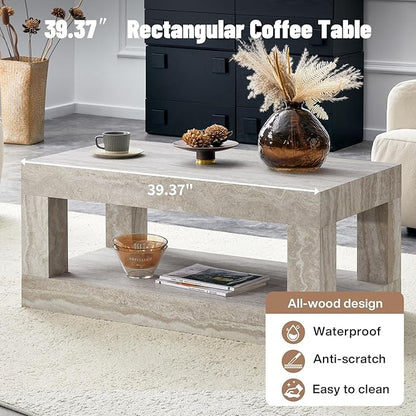 LKTART 39.37" Coffee Table with Storage, 2-Tier Mid Century Rectangular Accent Table with Thick Tabletop, Rustic Style Cocktail, Center Table for Living Room, Office, Apartment (Beige)