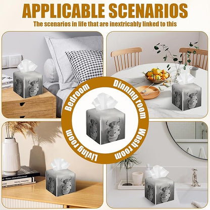 Funny Highland CowTissue Box Cover 2PCS, Leather Tissue Box Holder Square Facial Paper Case Tissue Box Cube Organizer for Bathroom Bedroom Desk Office