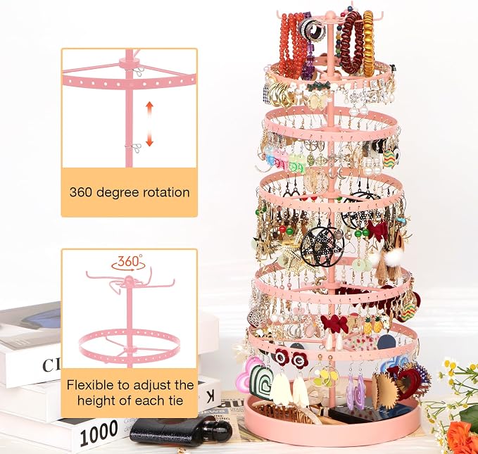 17Dec 6 Tier Rotating Jewelry Organizer Stand, 230 Holes Earring Holder Organizer for Women Girls, Spinning Earring Tree with Ring Holder, Wide Base for Bracelets Watches Lipstick