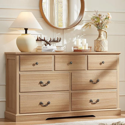 Farmhouse 7 Drawer Dresser for Bedroom, 57" Wide Wood Rustic Chest of Drawers, Farmhouse Chest of Drawers for Bedroom, Wood Drawer Organizer for Bedroom, Hallway, Natural