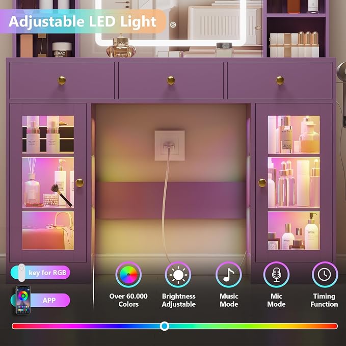 Purple Vanity Desk with Mirror and Lights, 43.4" Makeup Vanity Table Set with Lighted Mirror & RGB Glass Cabinet and 3 Drawers, Glass Top Dressing Table with Large Shelves for Girls, 3 Color Modes