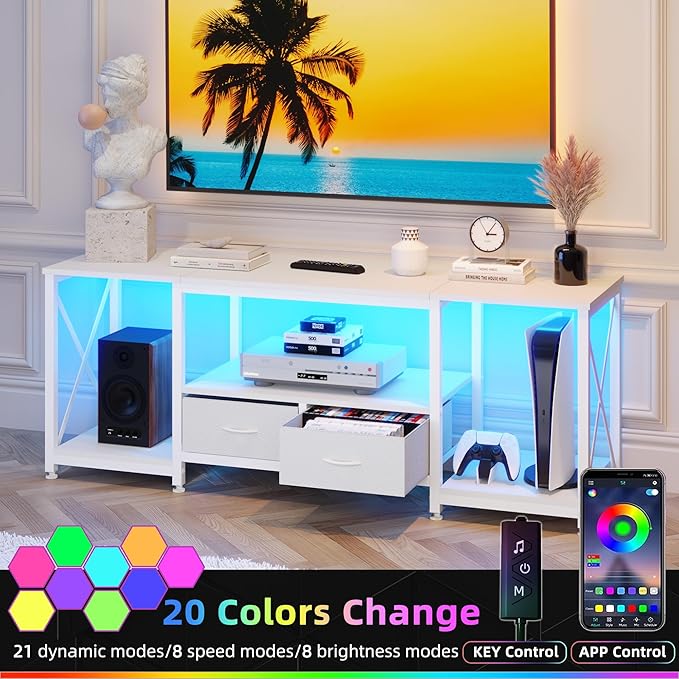 GYIIYUO TV Stand with Fabric Drawers for 55 60 65 Inches TV - Entertainment Center and Industrial TV Console Table with Open Storage Shelves for Living Room, Bedroom - 55.1" White