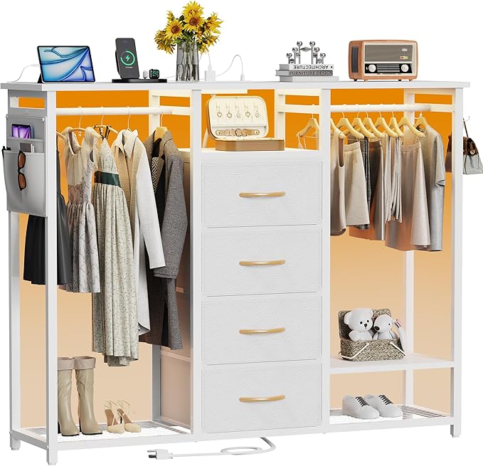 Dresser with Hanging Clothes Rack, 4 Drawers Dresser for Bedroom with LED Lights and Charging Station, Fabric Storage Chest of Drawers for Closet with Clothes Rack Bedroom Kid’s Room, Metal, White