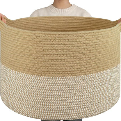 OIAHOMY 115L Extra Large Blanket Basket for Living Room, 23.6" x 15.4" Woven Cotton Rope Laundry Basket for Organizing Pillows, Decorative Stuffed Animal Toy Storage for Nursery, Jute and White