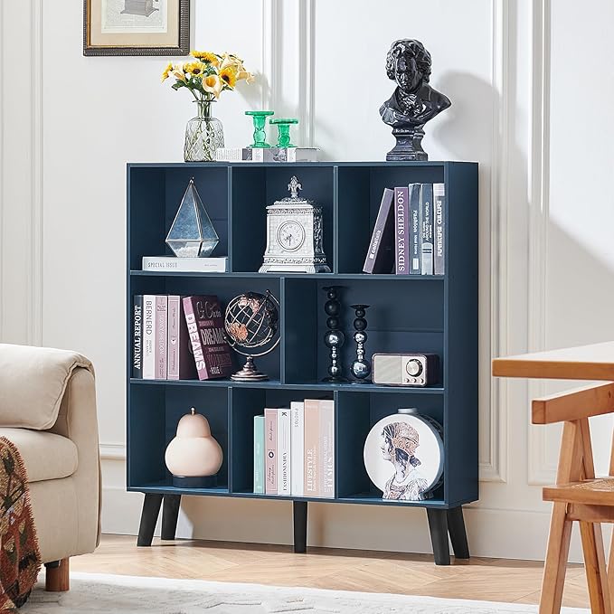 LEYAOYAO 8 Cube Bookshelf,3 Tier Bookcase with Legs,Dark Blue Mid-Century Modern Bookshelves,Large Open Storage Organizer Shelf, Wooden Book Case