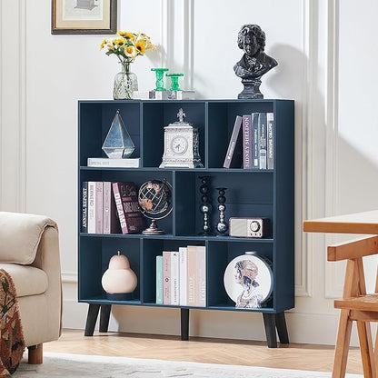 LEYAOYAO 8 Cube Bookshelf,3 Tier Bookcase with Legs,Dark Blue Mid-Century Modern Bookshelves,Large Open Storage Organizer Shelf, Wooden Book Case