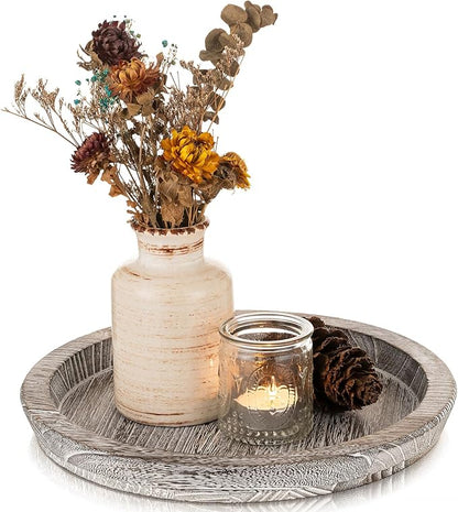 Wooden Decorative Tray Candle Holder: Romadedi Round Wood Tray Home Decor, Whitewash Rustic Trays for Farmhouse Dinning Table Kitchen Countertop Coffee Table Wedding Centerpiece, 11inch, Size L