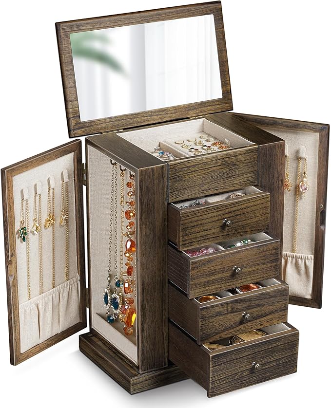 Emfogo Jewelry Box for Women, 5 Layer Large Wood Jewelry Boxes & Organizers for Necklaces Earrings Rings Bracelets, Rustic Jewelry Organizer Box with Drawers and Mirror(Vintage)