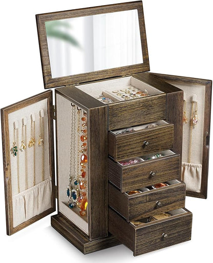 Emfogo Jewelry Box for Women, 5 Layer Large Wood Jewelry Boxes & Organizers for Necklaces Earrings Rings Bracelets, Rustic Jewelry Organizer Box with Drawers and Mirror(Vintage)