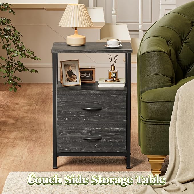 Huuger Night Stand Set of 2, Nightstand with 2 Drawers, Bed Side Table with Open Shelf, Wooden Top, End Table, Fabric Drawer with Charcoal Black Wood Grain Print, for Bedroom