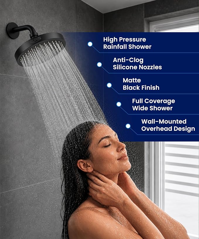 GURIN Shower Head - Powerful High Pressure Rain Shower Head 6 Inch - Luxury Rainfall Showerhead with Adjustable Angles, 90 Anti-Clog Nozzles, Tool-Free 1-Min Install, Premium Matte Black Finish