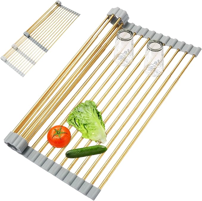 Golden Expandable Roll-UP Dish Drying Rack-Extra Large 304 Stainless Steel Dish Drainer Over The Sink for Kitchen Countertop,Extendable for Most Kitchen Sinks (Gold,22.08'x 13.2')