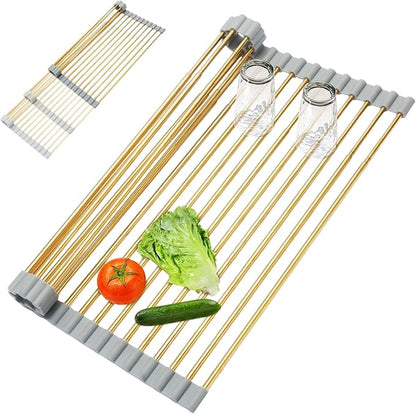 Golden Expandable Roll-UP Dish Drying Rack-Extra Large 304 Stainless Steel Dish Drainer Over The Sink for Kitchen Countertop,Extendable for Most Kitchen Sinks (Gold,22.08'x 13.2')