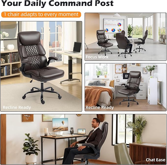 Office Chair - Ergonomic High Back Computer Desk Chair with Rocking Function & Lumbar Support - Executive Comfortable Wide Swivel Rolling Office Leather Chair with Flip-up Armrests for Home Gaming