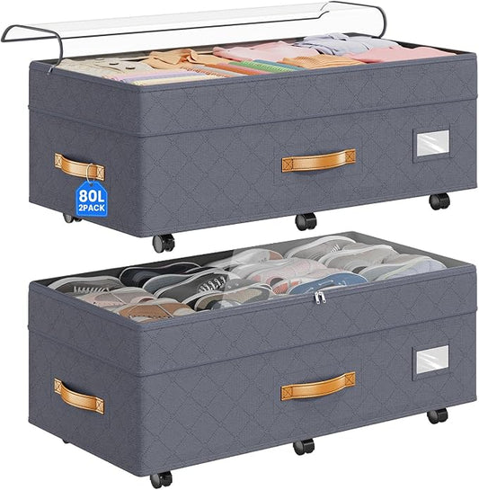 Budding Joy Under Bed Storage with Wheels 2Pack, 80L Height Adjustable Underbed Containers with Clear Lids, Rolling Under Bed Shoe Storage Organizer for Dorm Home Clothes, Blankets, Toys, Grey
