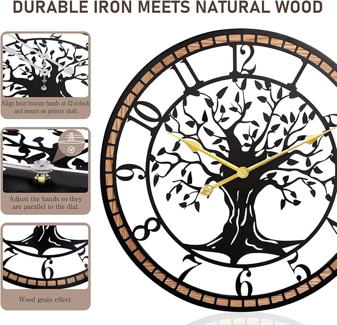 Axioglo Wall Clock,24" Large Wall Clock for Living Room Decor,Tree of Life and Wooden Frame Design,Non-Ticking Battery Operated,for Dining Room,Bedroom,Kitchen,Office Arabic Decoration