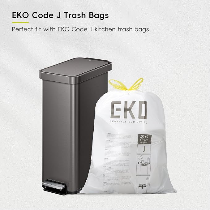 EKO Hudson Slim Trash Can with Lid, 13 Gal Stainless Steel, Gunmetal Gray | Kitchen, step pedal, soft close lid, stay-open frame, secure liner ring, rear handle