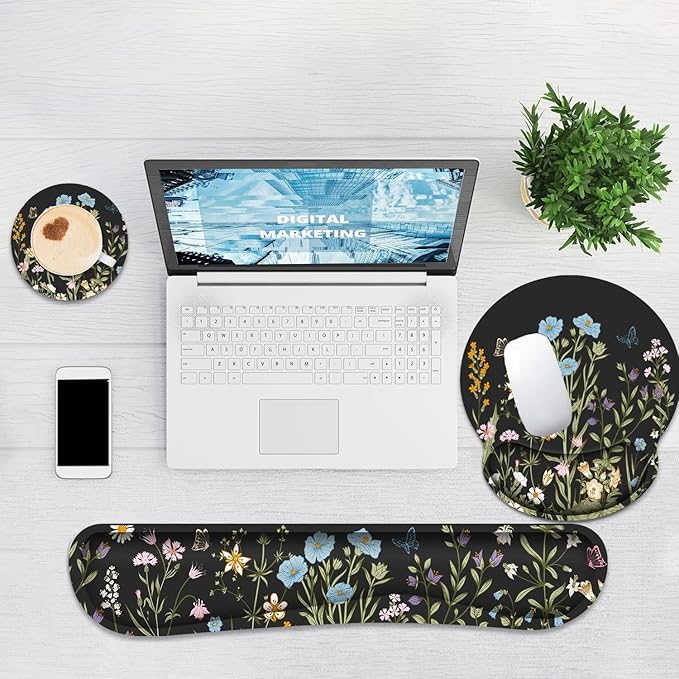 Ergonomic Mouse Pad with Wrist Rest and Keyboard Wrist Rest, Memory Foam Wrist Rest for Computer Keyboard, Easy Typing, Pain Relief, Black Mouse Pad Wrist Support for Gaming,Office, Laptop, Floral