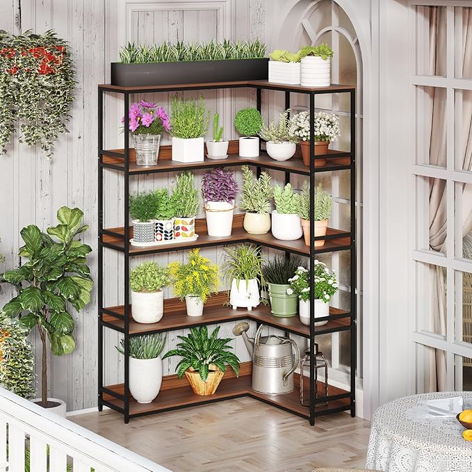 Giantex 5-Tier Corner Bookshelf, 71" L-Shaped Bookcase, Tall Etagere Bookshelf with Metal Frame, Industrial Open Display Shelf, Vertical Storage Rack for Living Room, Study, Office (Walnut)