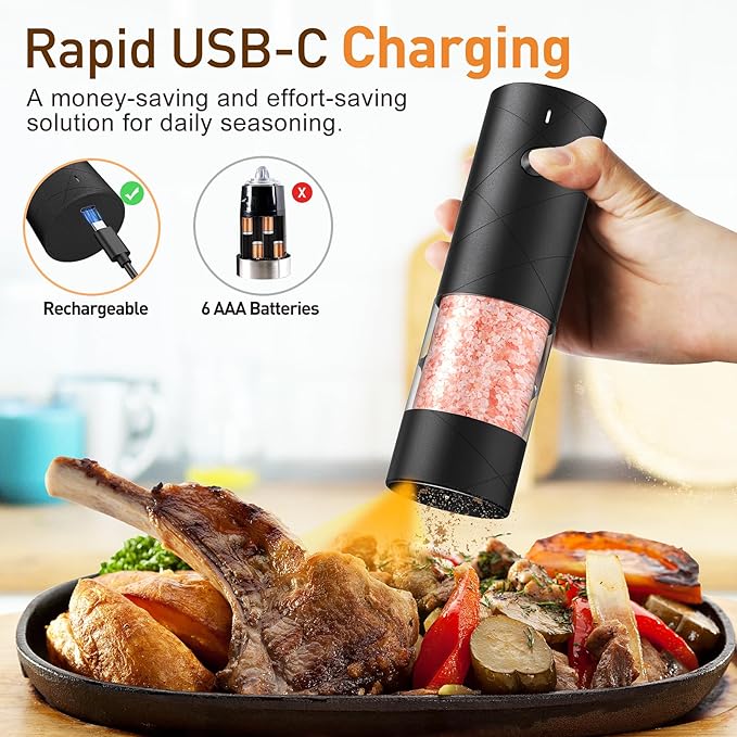 Electric Salt and Pepper Grinder Set, Rechargeable Automatic Pepper Mill Grinder with LED the Gifts for Women, Adjustable Coarseness shakers, One-Hand Operation for Kitchen Appliances Christmas Gifts