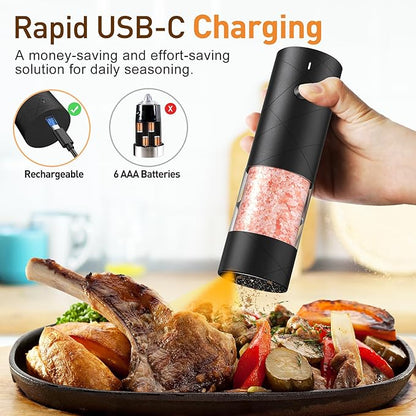 Electric Salt and Pepper Grinder Set, Rechargeable Automatic Pepper Mill Grinder with LED the Gifts for Women, Adjustable Coarseness shakers, One-Hand Operation for Kitchen Appliances Christmas Gifts