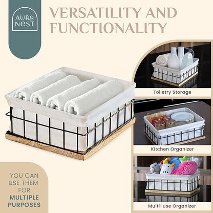 Metal Baskets for Organizing - Toiletries Black Metal Basket with Liner, Wooden Decorative Baskets for Home Decors, Bathroom Decor & Kitchen Decor, Bin Wire Basket Storage (X-Large)