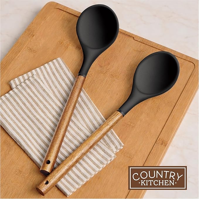 Country Kitchen Non Stick Silicone Utensil Set with Rounded Wood Handles for Cooking and Baking, 8 Piece Set, Black