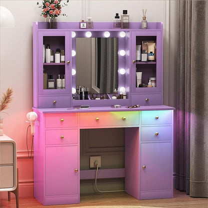 Vanity Desk with Mirror and Lights, Purple Vanity with Lighted Mirror & Power Outlet and 7 Drawers, 3 Color Modes Adjustable, Makeup Dressing Table Set with Lights for Girls Women