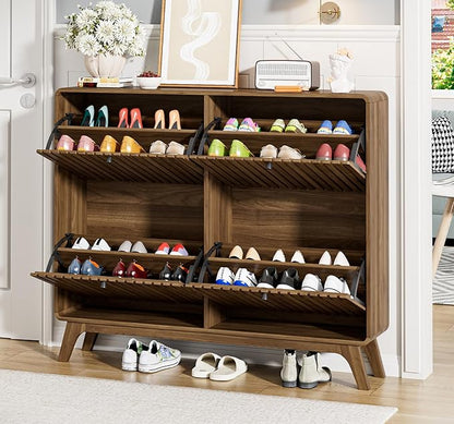 Large Shoe Cabinet for Entryway, Bamboo Narrow Shoe Cabinet Storage with 4 Flip Drawers, Slim Fluted Shoe Rack Organizer for Entry Way, Hallway, Thin, Skinny, Wood, Walnut