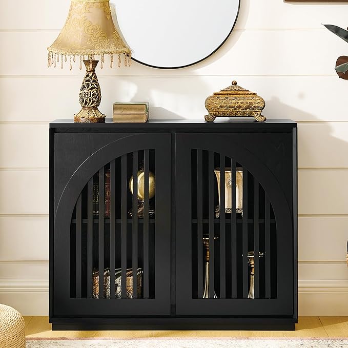 LKTART Arch Doors Sideboard Buffet Storage Cabinet,Mid Century Modern Storage Cabinet with Shelves,Wood Coffee Bar for Living Room, Kitchen, Hallway-Black