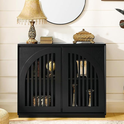LKTART Arch Doors Sideboard Buffet Storage Cabinet,Mid Century Modern Storage Cabinet with Shelves,Wood Coffee Bar for Living Room, Kitchen, Hallway-Black