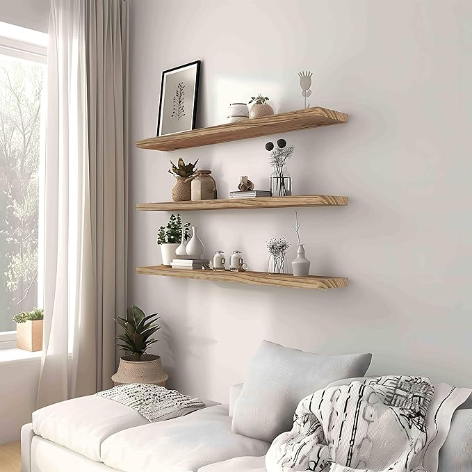 YYWUOJJ Wood Floating Shelves for Wall, Rustic Wall Shelves for Bedroom, Wall Mounted Floating Shelf, Set of 4 Light Walnut 36 Inch