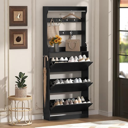 Tall Shoe Cabinet with Coat Rack, Hidden Shoe Storage Cabinet with Doors & Drawer, Hanging Bar & Hooks, Slim Narrow Freestanding Shoe Rack Organizer for Entryway, Hallway & Living Room, Black