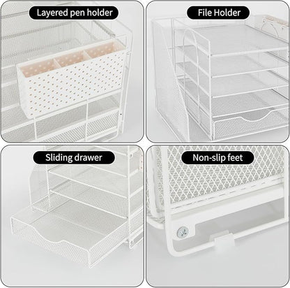 Desk Organizer with Drawer and Pen Holder, 5-Tier Paper Letter Tray Organizer with File Holder, Suitable for Workspace Organizer Office Supplies Storage (White)