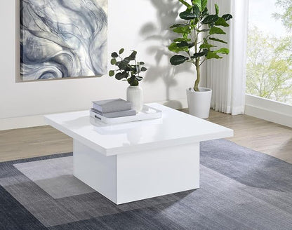 Coaster Home Furnishings - Devar - Wood - Square Coffee Table with Pedestal Base, Geometric Design and Contemporary Style - Living Room - White High Gloss - 710898