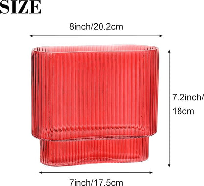 Ribbed Vase, Red Glass Vase for Flowers, Red Flower Vases for Tulips, Modern Vases for Living Room, Dining Table, Office, Bedroom, Mantle, Shelf, Wedding, 7 Inch