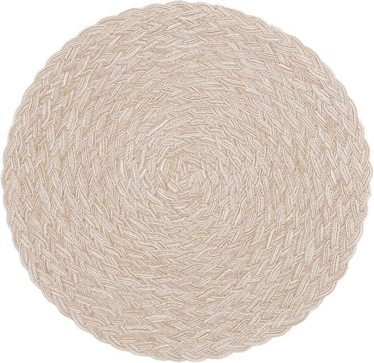 SHACOS Round Braided Placemats 15 inch Set of 4 Boho Woven Washable Kitchen Table Placemats for Home Wedding Party (T-Beige, 4)