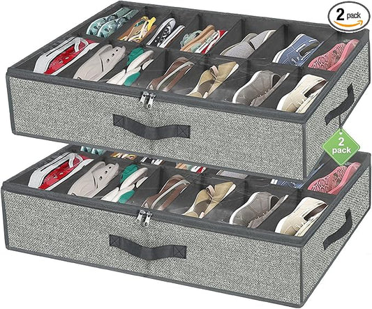 homyfort 28 Pairs Shoe Organizer Under Bed, Underbed Shoe Storage Boxes Bins, Organizador De Zapatos, Extra Large Zapateras Organizer, Grey, Set of 2