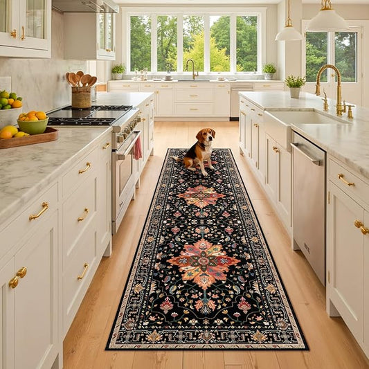 RELEANY Area Rugs Runner 2'6"x8' Washable Non-Slip, Floral Vintage Distress Medallion Carpet for Kitchen Hallway Bedroom Beside Laundry Room Bathroom, Black Colorful Floral Dark Tan